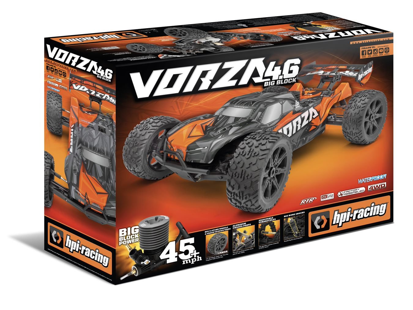 Vorza 4.6 Big Block Nitro Truggy RTR, 1/8 Scale 4WD, w/ 2.4Ghz Radio System, Orange - H y p e z RC